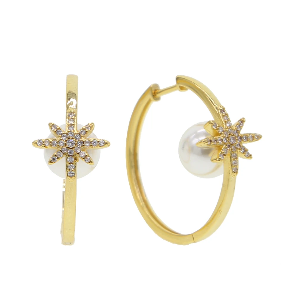 

Big hoop earring starburst micro pave cz northstar with inside Freshwater Pearls geometric round circle hoop huggie earrings