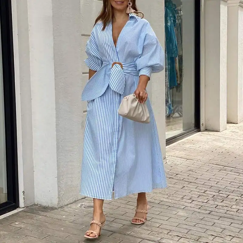 Striped Shirt Dress 2021 VONDA Women Vintage 3/4 Sleeve Lapel Neck Belted Dress Holiday Party Striped Long Vestidos Oversized Striped Shirt Dress 2021 VONDA Women Vintage 3/4 Sleeve Lapel Neck Belted Dress Holiday Party Striped Long Vestidos Oversized