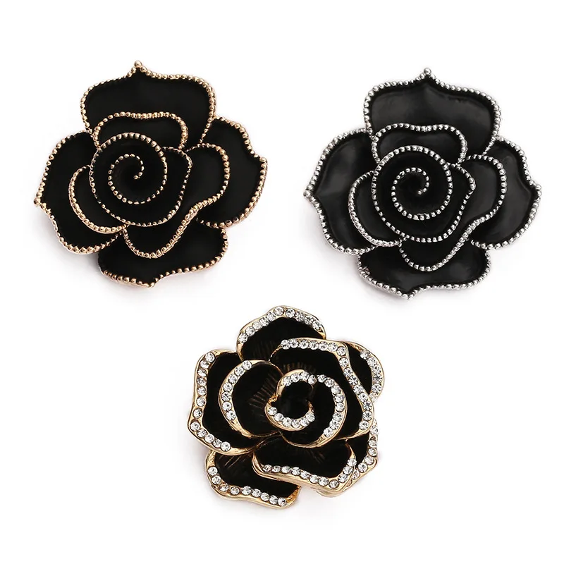 High Quality Vintage Black Camellia Brooch Pin Rhinestone Rose Flower Women Brooch Jewelry Brooches On Clothes Jewelry