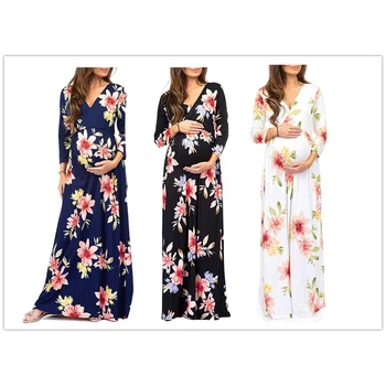 

Maternity Dress Women Floral Print V-Neck Long Dress Pregnant Casual Clothes Breastfeeding Skirt