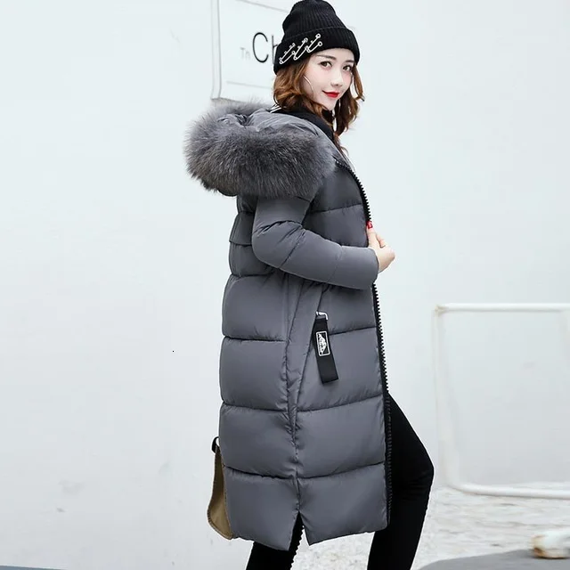 YICIYA, зимняя женская куртка, высокое качество, пуховик, женский, длинный, тонкий, сплошной цвет, женские куртки, на молнии, с меховым воротником, женский пуховик - Цвет: Grey