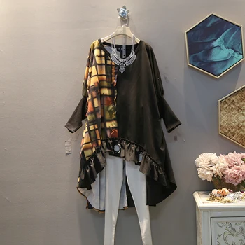 

[EWQ] 2020 Spring Summer Round Collar Long Sleeve Hit Color Trend Spelling Color Printing Pattern Loose Length Dress Women AK480