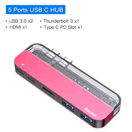 Baseus Thunderbolt 3 Dock USB Type C to HDMI HUB Adapter for MacBook Samsung Dex Galaxy S10/S9 USB-C Converter Thunderbolt HDMI - Color: Red 5 in 1 USB HUB