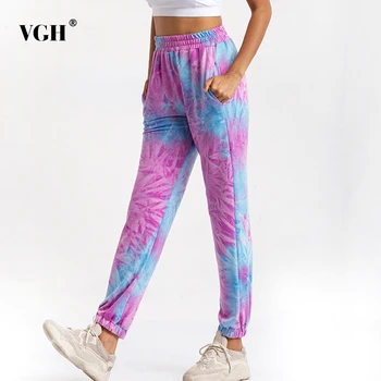 

VGH Elegant Print Women Full Length Pants High Wiast Hit Color Tie Dye Loose Boot Cut Pant Female Fashion 2020 Summer Clothes