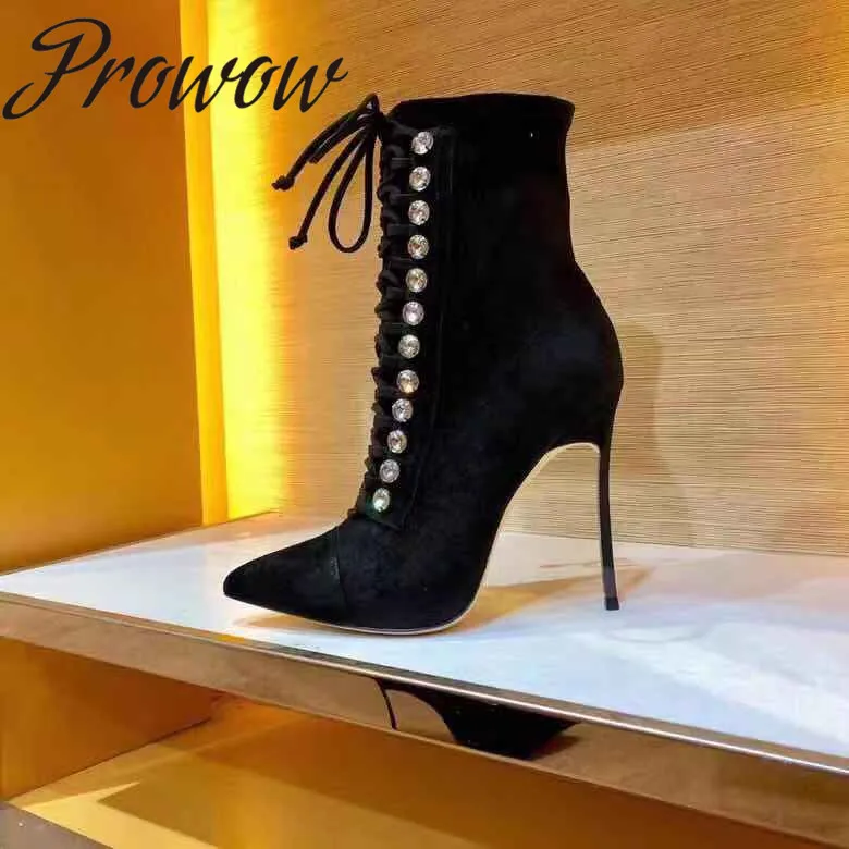 

Prowow New Suede Leather Gladiator Lace Up Ankle Boots Sexy Pointed Toe Blade High Heel Boots Shoes Women
