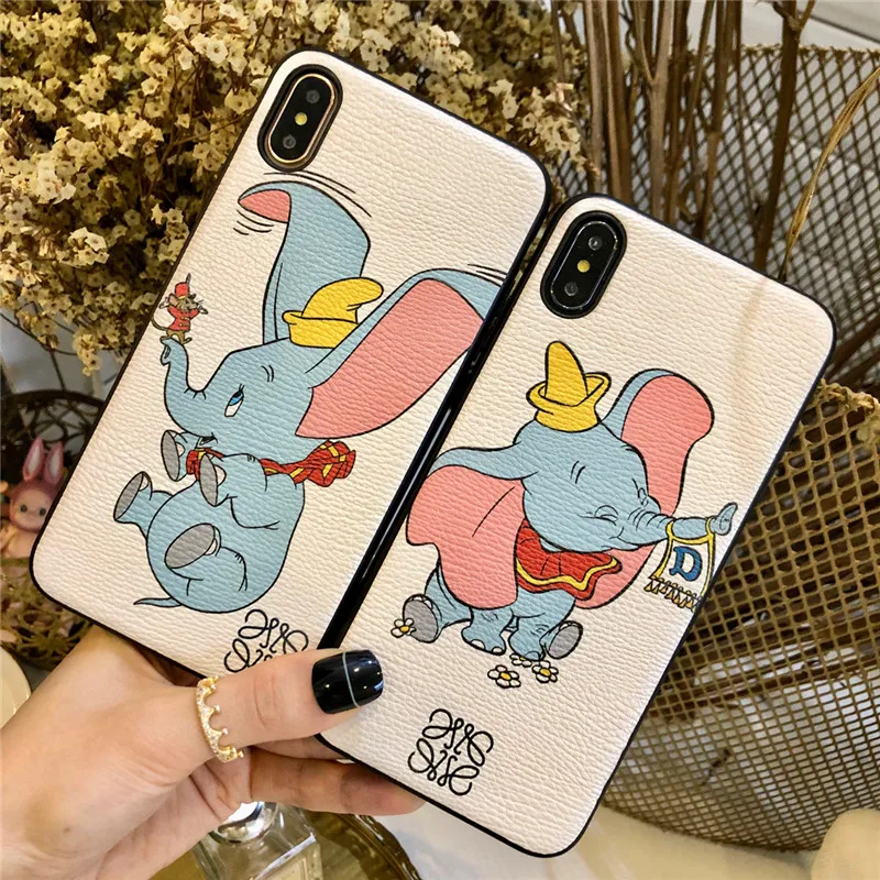 

Fashion cartoon brand cute Dumbo elephant Soft leather cover case for iPhone XR X XS MAX 6 6s 7 8 plus Luxury pink phone coque