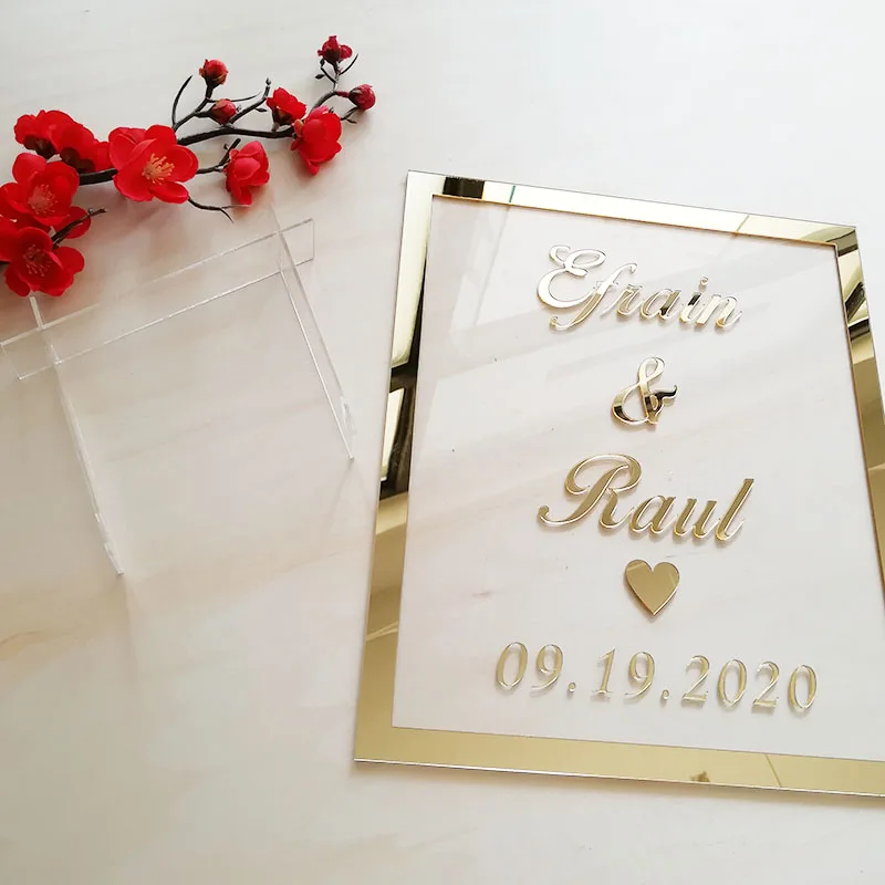Bride Groom Name Mirror Frame Wedding Signage Personalized Transperant Acrylic Sign Plate with Nail Party Decor Favors