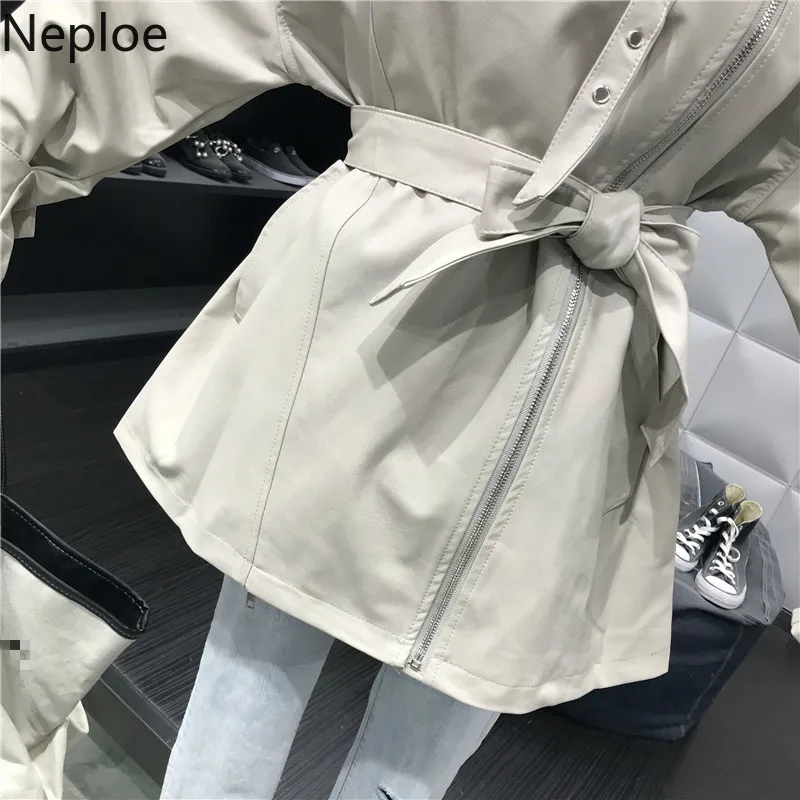 Neploe Осень Зима Винтаж средней длины Длинная кожаная куртка Тонкий локомотив куртка на застежке Mujer молния Irregylar Jaqueta 46618