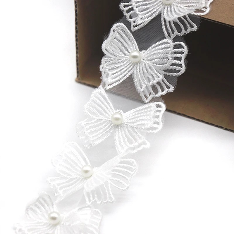 H804 Pearl Bow Flower Organza Lace Trim trimmings Knitting Wedding Lace Embroidered DIY Patchwork Ribbon Sewing Supplies Craft lace fabric,lace ribbon,lace garment accessories,sewing patches,lace sewing supplies,lace accessories,lace sewing accessories,lace decoration