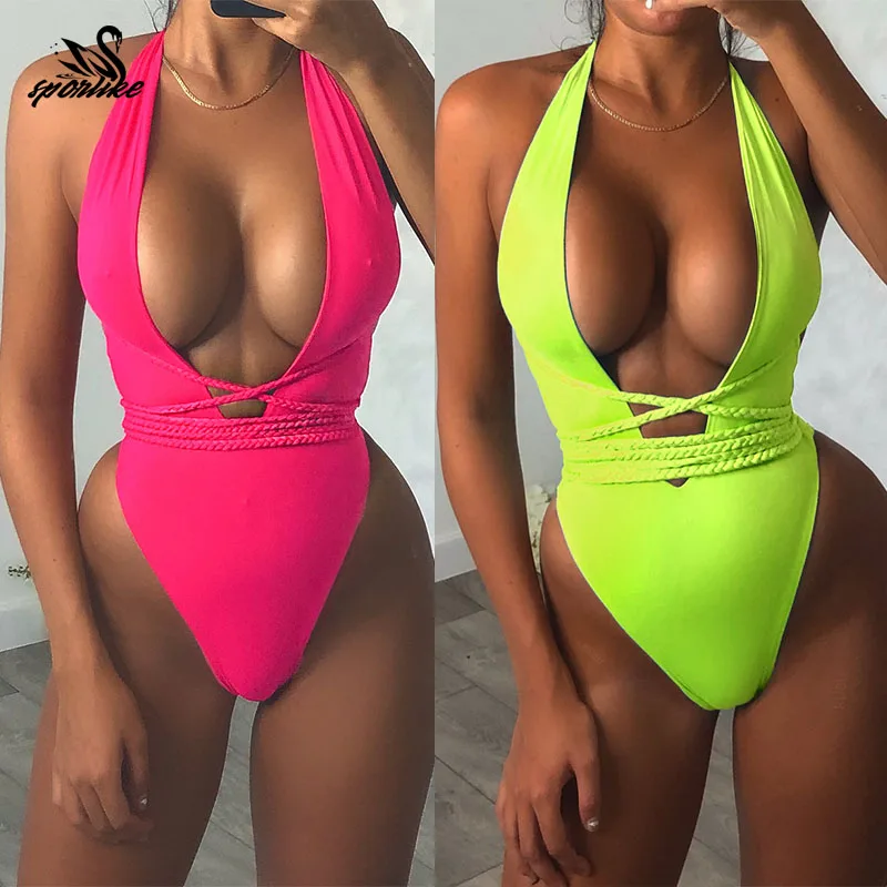 

Sexy Bandage Swimwear Women Knitting Strap High Cut Monokini Deep V One Piece Swimsuit Brazilian Biquini Feminino 2019 Beachwear