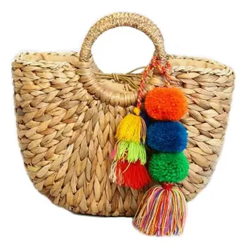 

Handmade Bag Women Pompon Beach Weaving Ladies Straw Bag Wrapped Beach Bag Moon shaped Bag