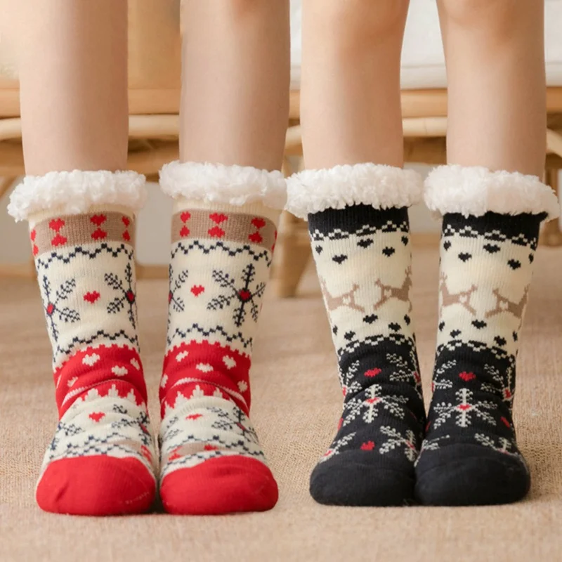 New Women Cozy Plus Velvet Sleep Socks Winter Warm Floor Home Fluffy Cute Printed Socks Fuzzy Fleece-lined Warmer Christmas Gift