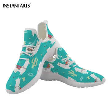 

INSTANTARTS Llama Cactus Knit Flat Woman Cute Alpaca Print Ladies Lacing Sneakers Sketchers Shoes Breathable Mesh Footwear Women