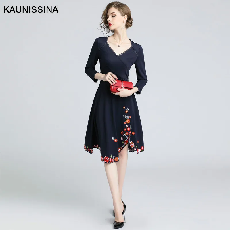 KAUNISSINA новые осенние коктейльные платья для женщин с вышивкой винтажное платье для выпускного вечера Дамское Платье с v-образным вырезом эластичное миди Vestidos