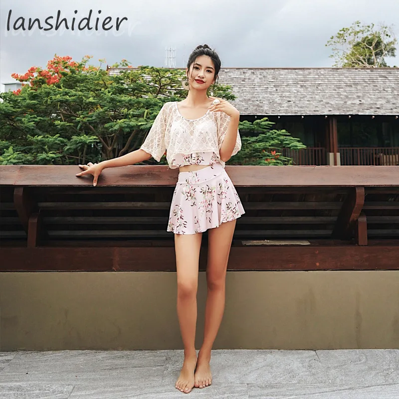

Three-piece Set South Korea Swimsuit Women's Elegant New Style Split Type Small Bust Gathering Slimming Belly Covering Small qin
