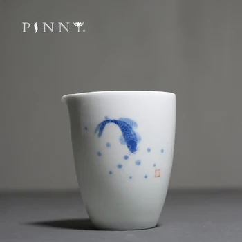 

PINNY Hand-painted Carp White Porcelain Cha Hai Pigmented Chinese Kung Fu Teacup Ceramic Drinkware Tea Accessories