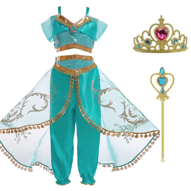Платье Цвета жасмин для девочек, комплект из 3 предметов, арабский костюм принцессы для костюмированного представления, расшитый блестками цветок, детское праздничное платье на Хэллоуин - Цвет: Jasmine dress set 03
