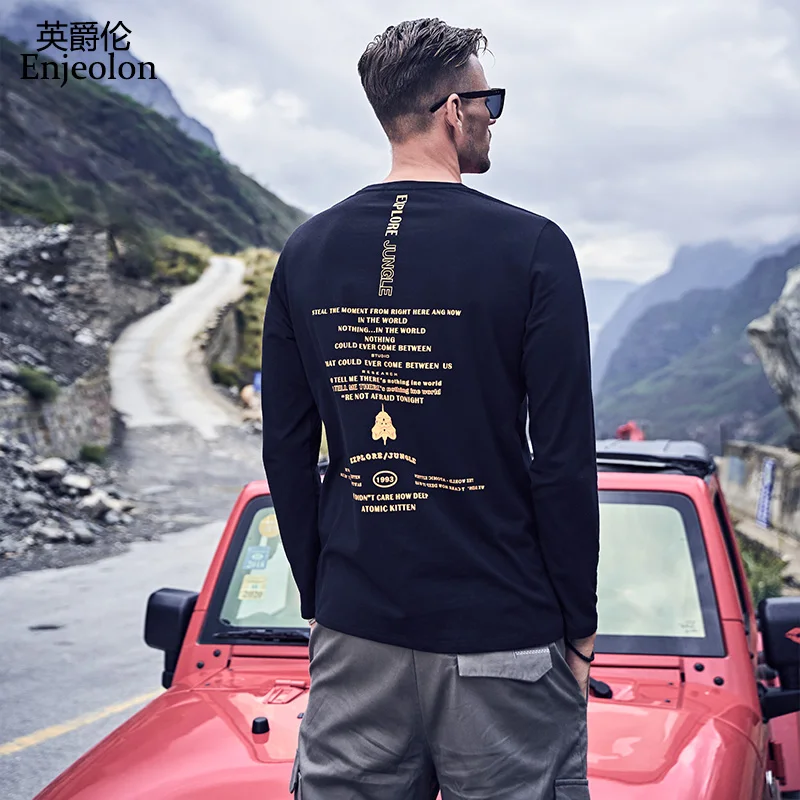 

Enjeolon Autumn 2019 Men T shirt Long Sleeved O-neck Print Cotton Casual Fashion Male Top Tee Shirt Plus Size 3XL RST7441-1