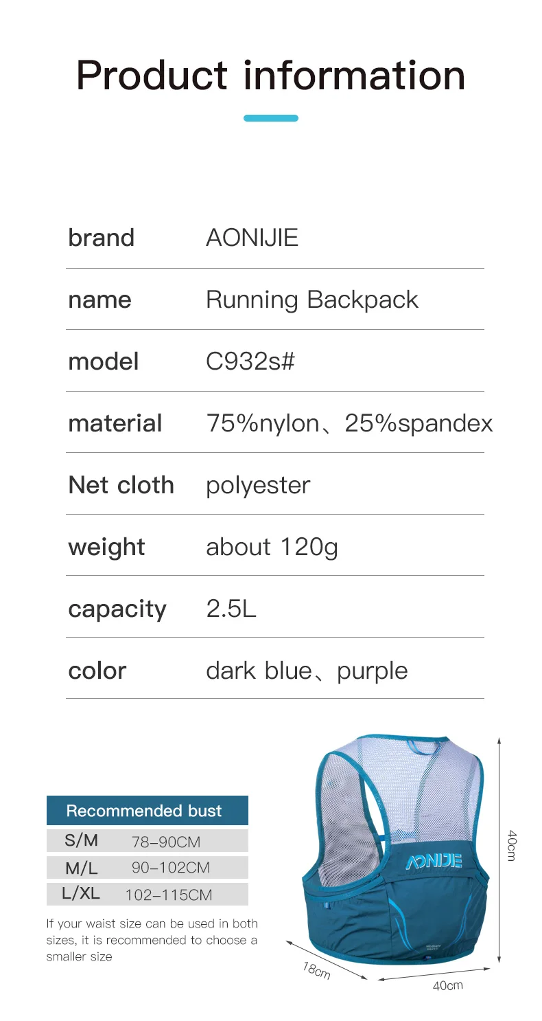 AONIJIE C932S 2.5L Maroktelefon Hidr álás Csomagol Futóverseny Hátiszák Hátiszák Zsák Alsóing Befog számára Gyalogtúra kemping Maraton Számítódik Hegymászás
