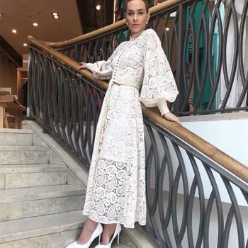 

Runway Designer Spring Autumn Women Lace Long Dress Single Button Hollow Out Ladies Dress Vestidos Sashes Vintage Robe Longue