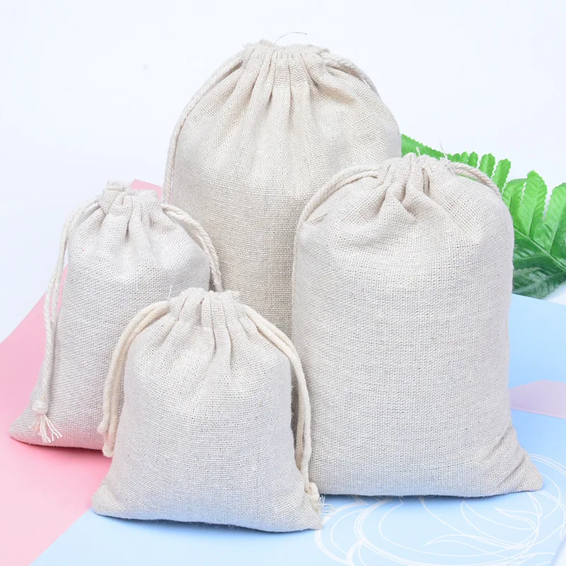 50pcs/Lot Natural Linen Cotton Bags Big Drawstring Gift Pouches Home Storage Christmas Wedding Packaging Bag Custom Print Logo