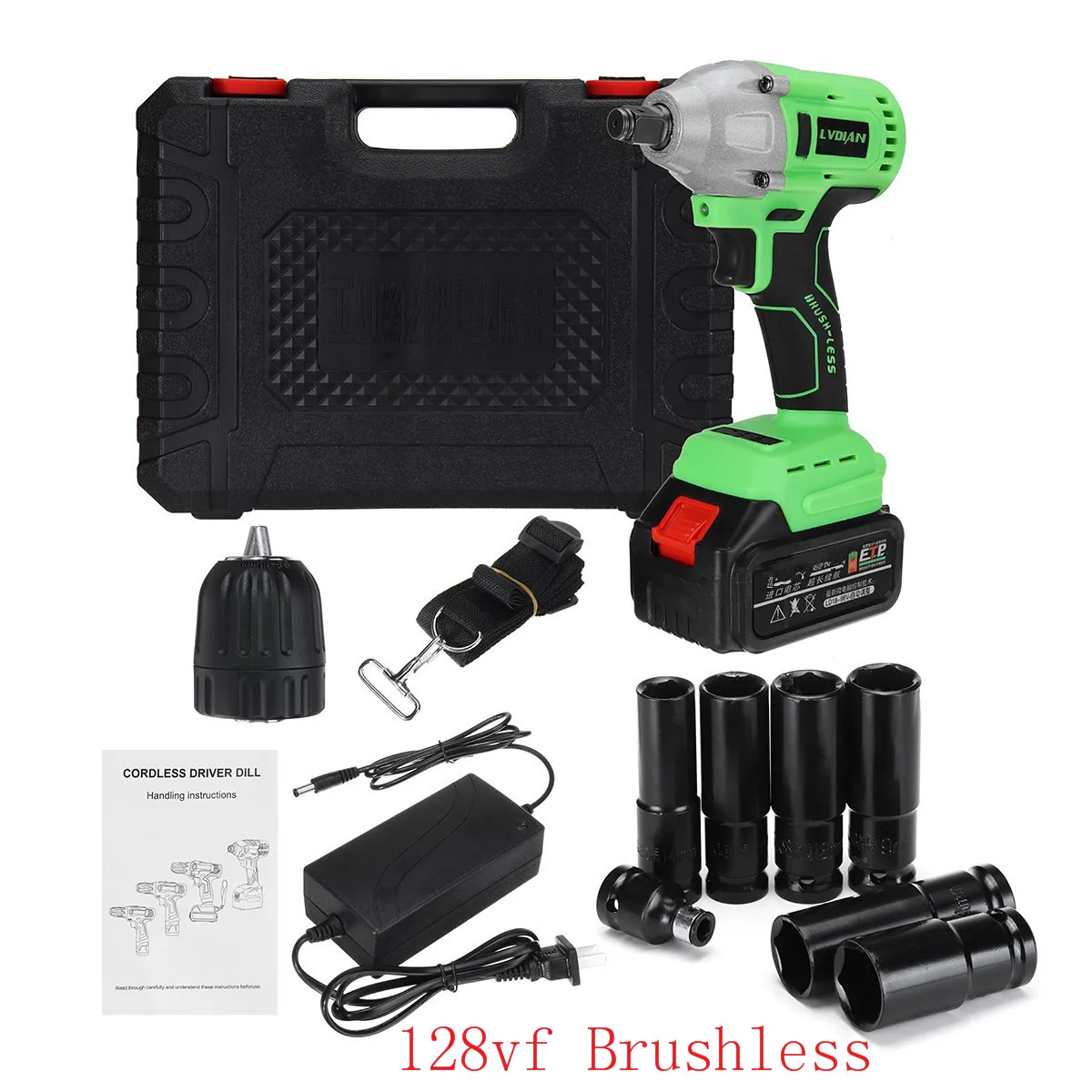 128vf Brushless Электрический гаечный ключ 17 шт. бесщеточный Аккумуляторный ударный гайковерт комплект драйвер ручная дрель разъем для батареи с светодиодный светильник US Plug нескользящий - Цвет: 128vf Brushless