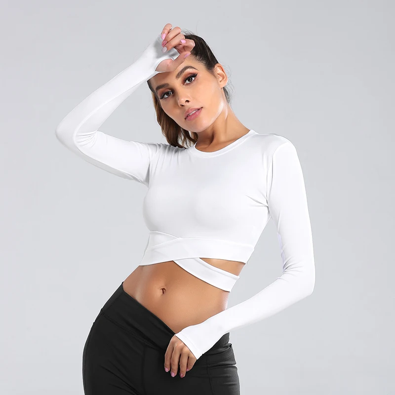 Women Long Sleeve Running Shirts Solid Sports Shirts Sexy Exposed Navel Yoga T-shirts Quick Dry Fitness Gym Crop Tops Sport Wear