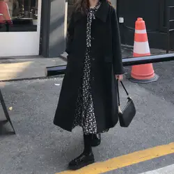 Осеннее и зимнее корейское однобортное шерстяное пальто средней длины с карманами, толстые теплые черные шерстяные куртки для женщин (B0985)