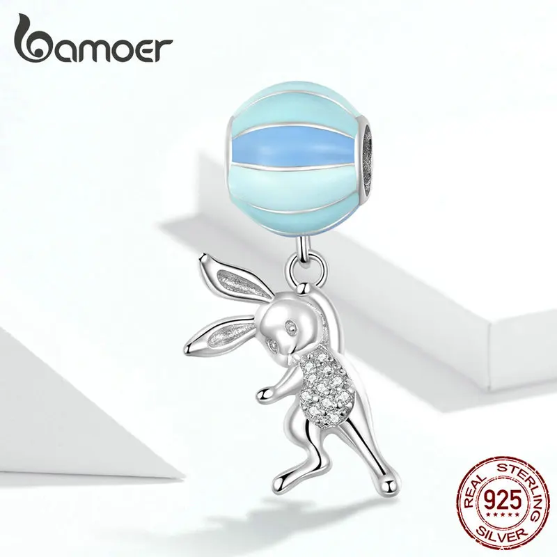 Bamoer, голубой эмалированный шар, летающий кролик, подвеска, подходит для оригинала, серебряный браслет, 925 пробы, серебро, сделай сам, ювелирное изделие SCC1303