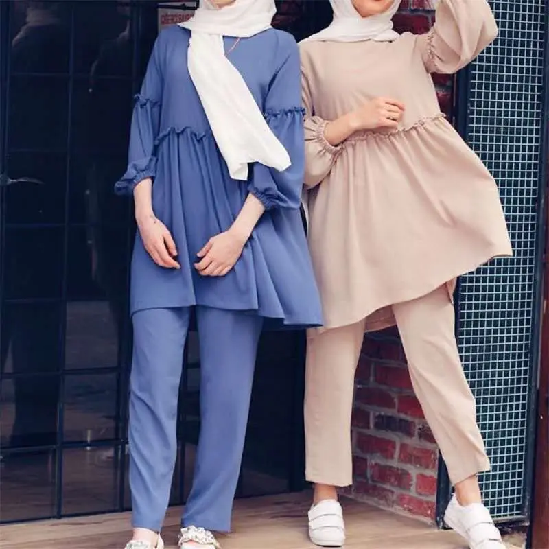 Muslim Ladies 2 Piece Suit Outfits Set Lantern Sleeve Frill Pullover Tops Loose Pants Solid Color Arabic Turkey Islamic Casual K