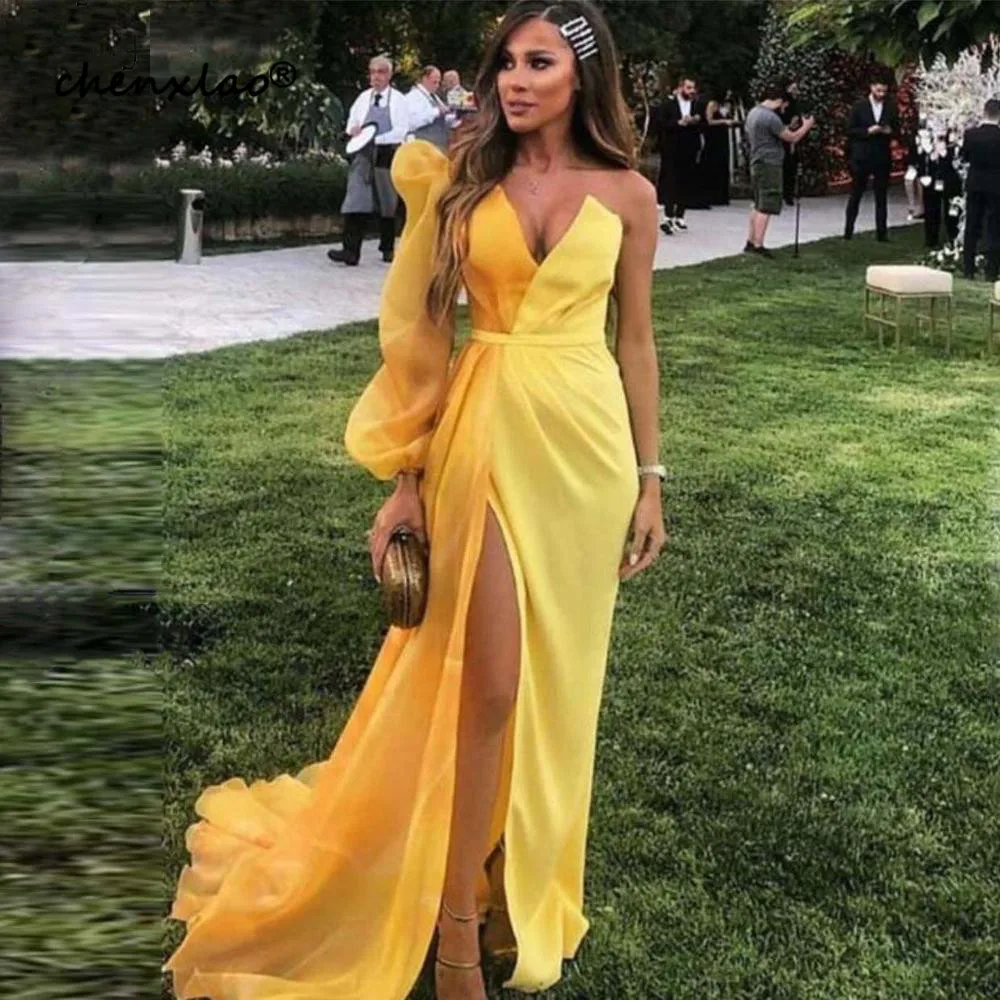 

2019 Fashion Long Prom Dresses One Shoulder Long Sleeve High Slit Mermaid Evening Gown Unique V Neck Formal Dress robe de soiree