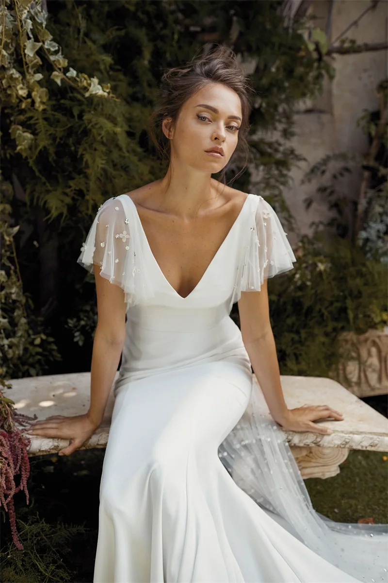 Русалка свадебное платье es V шеи Атлас короткий рукав блестками Свадебные платья с бусинами Элегантное свадебное платье