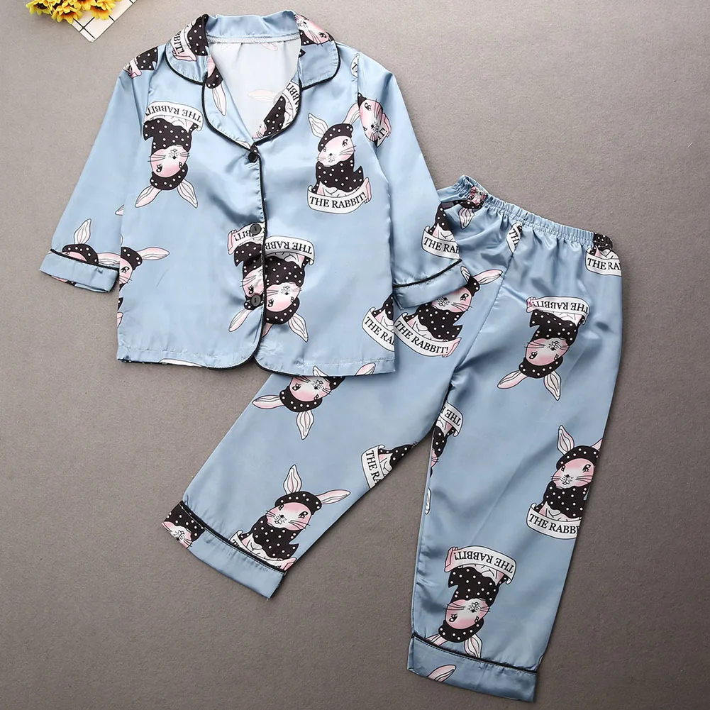 Cartoon Pajamas for Children Kids Baby Girl Boy Long Sleeve Satin Silk Set Tops+Pants Nightwear Sleepwear Homewear 1-7T | Мать и ребенок
