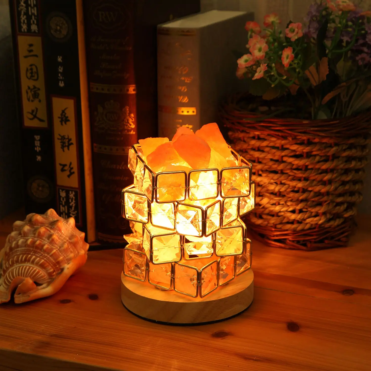 

XYXP Himalayan Salt Lamp,Natural Hymalain Salt Rock in Crystal Basket with Dimmer Switch,UL-Listed Cord &Wood Base US Plug