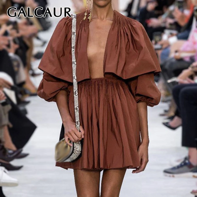 

GALCAUR Elegant Patchwork Ruffle Dress For Women V Neck Lantern Long Sleeve High Waist Dresses Female 2020 Autumn Fashion New