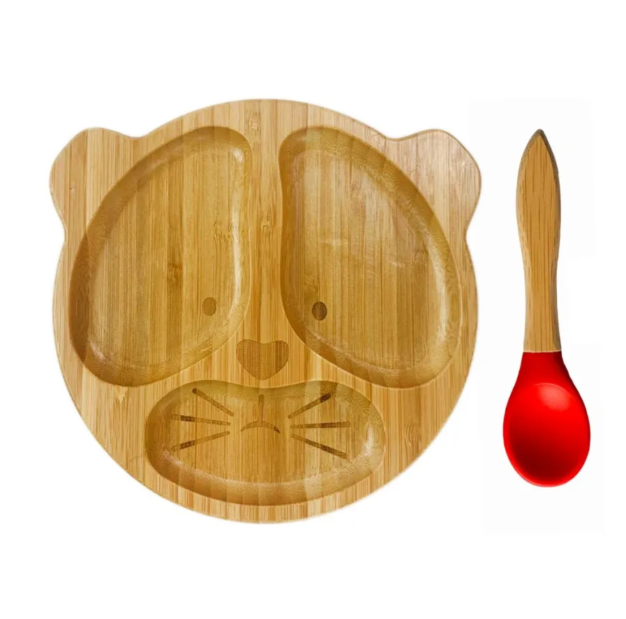 Милый тигр умный держатель всасывания чаша, оставайтесь на месте, изготовлен из органического бамбука и пищевого силикона - Цвет: Red Plate and Spoon