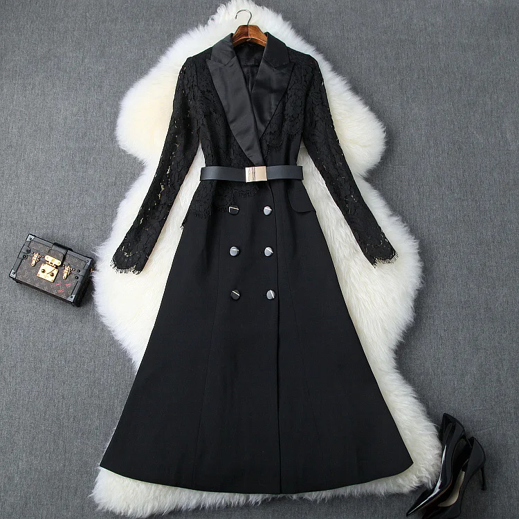 Женский блейзер, двубортное лоскутное кружевное платье с длинным рукавом и зубчатым воротником, элегантное платье осень-зима, одежда черного цвета - Цвет: Черный