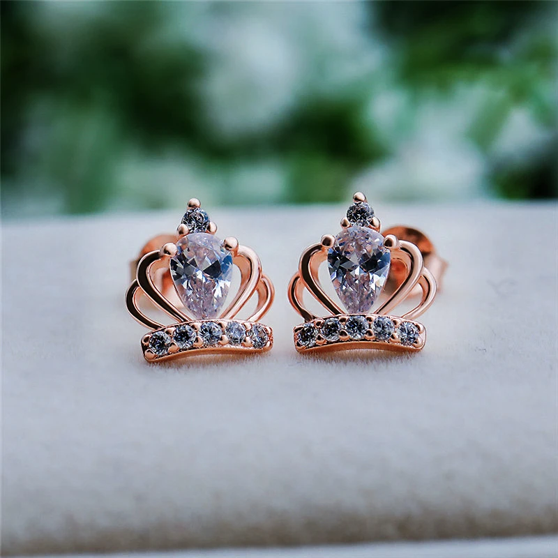 Boho женские маленькие серьги-гвоздики в форме короны серьги Новые Хрустальные свадебные серьги модные серебряные розовые золотые Двойные серьги для женщин