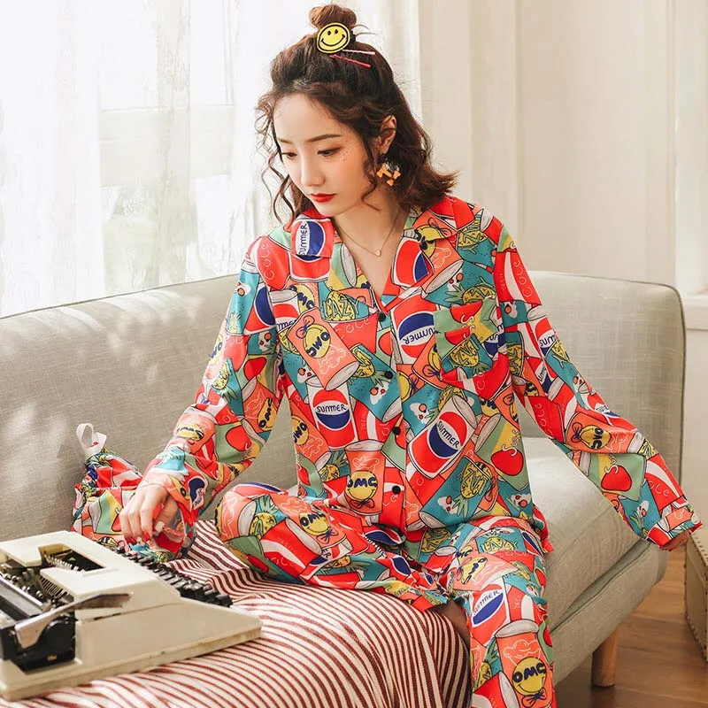 Autumn Fashion New Colorful Pajamas Set Ladies Comfort Soft Ice Silk Long Sleeve Homewear Femme Satin Long Sleeve Sleepwear