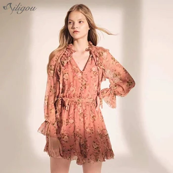 

Ailigou Sexy Ruffle Printed Short Jumpsuit Ladies Elegant Long Sleeve V-neck Belt Jumpsuit Fashion Workwear Casual Boho Jumpsuit