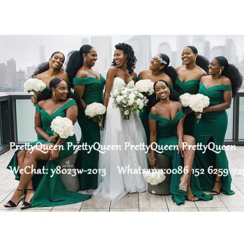 

Green Mermaid Bridesmaid Dresses 2020 African Women Sexy Side Split Boat Neck Off Shoulder Long Wedding Guest Dress Party Gown