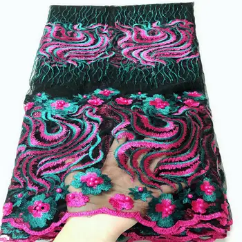 

French Sapphire Lace Fabrics Latest Elegant 3d Tulle Mesh Lace Fabric With Beads Nigerian Lace 5yards A1477