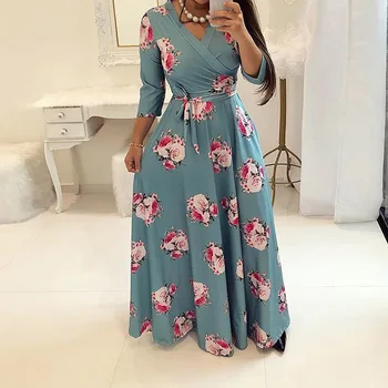 

Blue Floral Print Boho Women Long Dress Summer V-Neck Lace Up Plus Size Party Dress 3/4 Sleeve Sundress Travel Bohemian Dresses