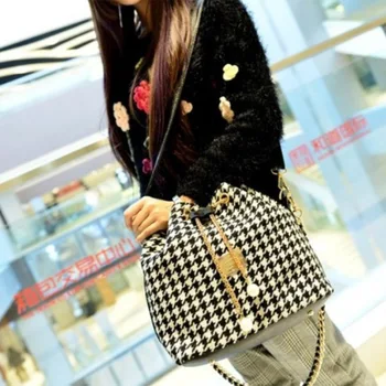 

National Style Pendant Bucket Bag Houndstooth Cross-Body Pearl Chain Women's Bag designer bags canvas bag handbag shoulder bag