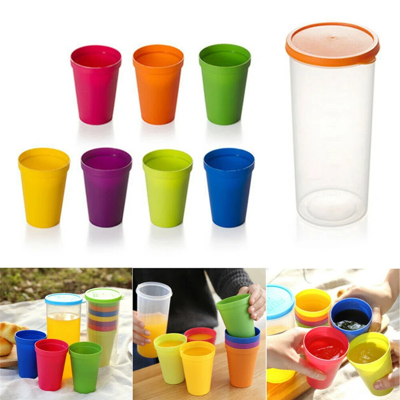 7 Pcs Portable Plastic Cups Bright Rainbow Colors Reusable Tea Drink Wine Water | Дом и сад