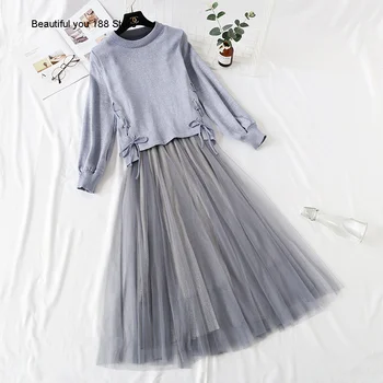 

Spring Knitted women dress for Autumn 2020 new sweater suspender mesh skirt fairy Super fairy Mori suit fashion