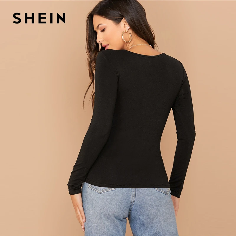 SHEIN, однотонная Милая Элегантная футболка с выпуклостью в форме шеи, женские топы, осенняя Базовая футболка с длинными рукавами и галстуком спереди для офиса