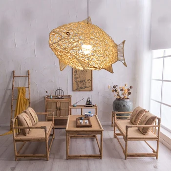 

New Creative Fish Pendant Lights Hand Woven Rattan Hanging Lamps Restaurant Bedroom Bar Light Fixture Home Teahouse Decoration