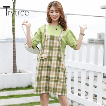 

Trytree Autumn Winter Two piece set Casual O-neck Solid Green T-shirt Top + Sling Dress Plaid Mini Fashion Loose 2 Piece Set