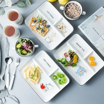 

Rectangle Porcelain Divided Plate Three Compartments Fruit Dessert Ceramic Tray Cute Tableware For Home Baby